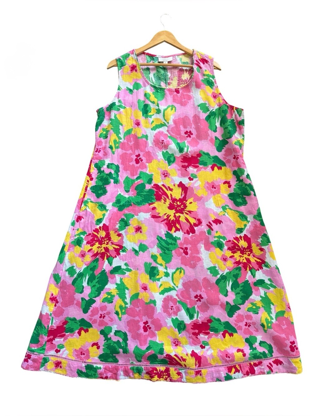 Charter Club Linen Dress 2X Floral Pink Yellow Sleeveless A Line NWOT